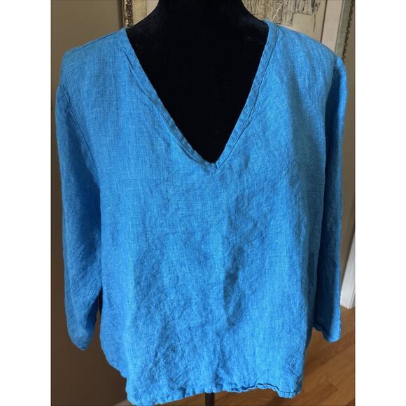 Flax Blue Linen Blouse Top V Large Oversize Lagenlook Pullover Long Sleeve Shirt - Picture 1 of 13
